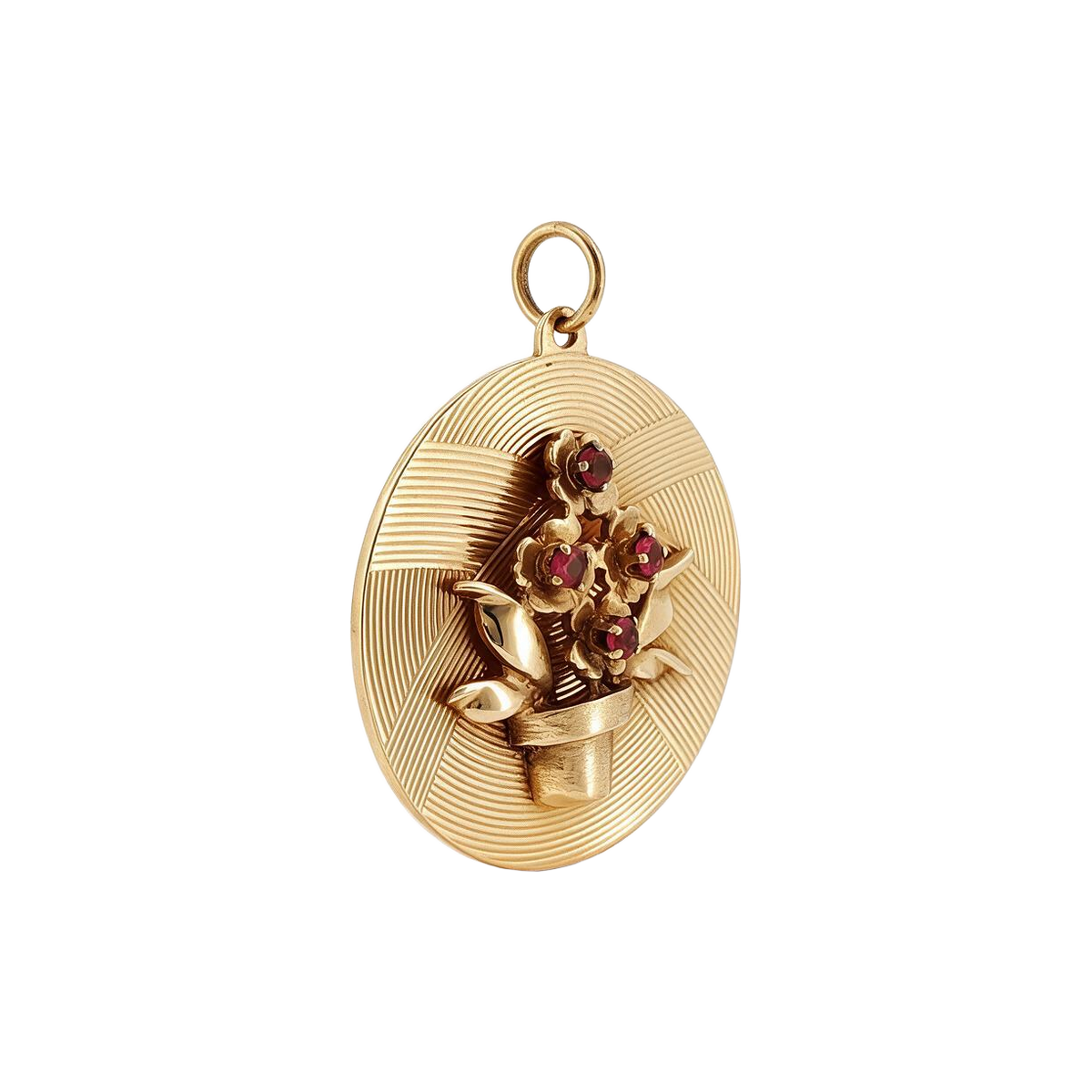 14K Yellow Gold 1940’s Vintage Ruby Flower Basket Tiffany & Co Charm Pendant