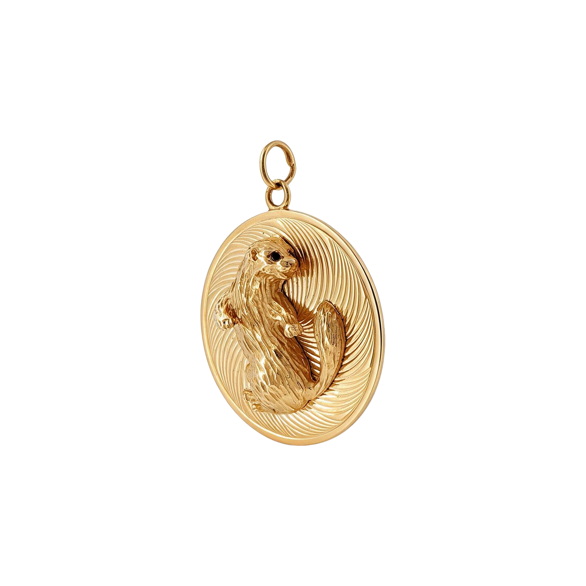 Angled view of 14k gold vintage engine turned squirrel charm pendant
