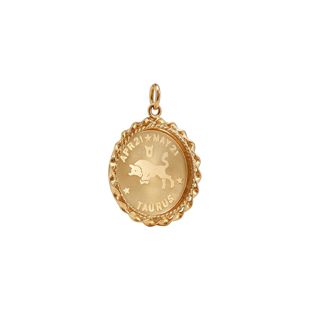 Angled view of 14k yellow gold vintage Taurus bull disc charm with rope border