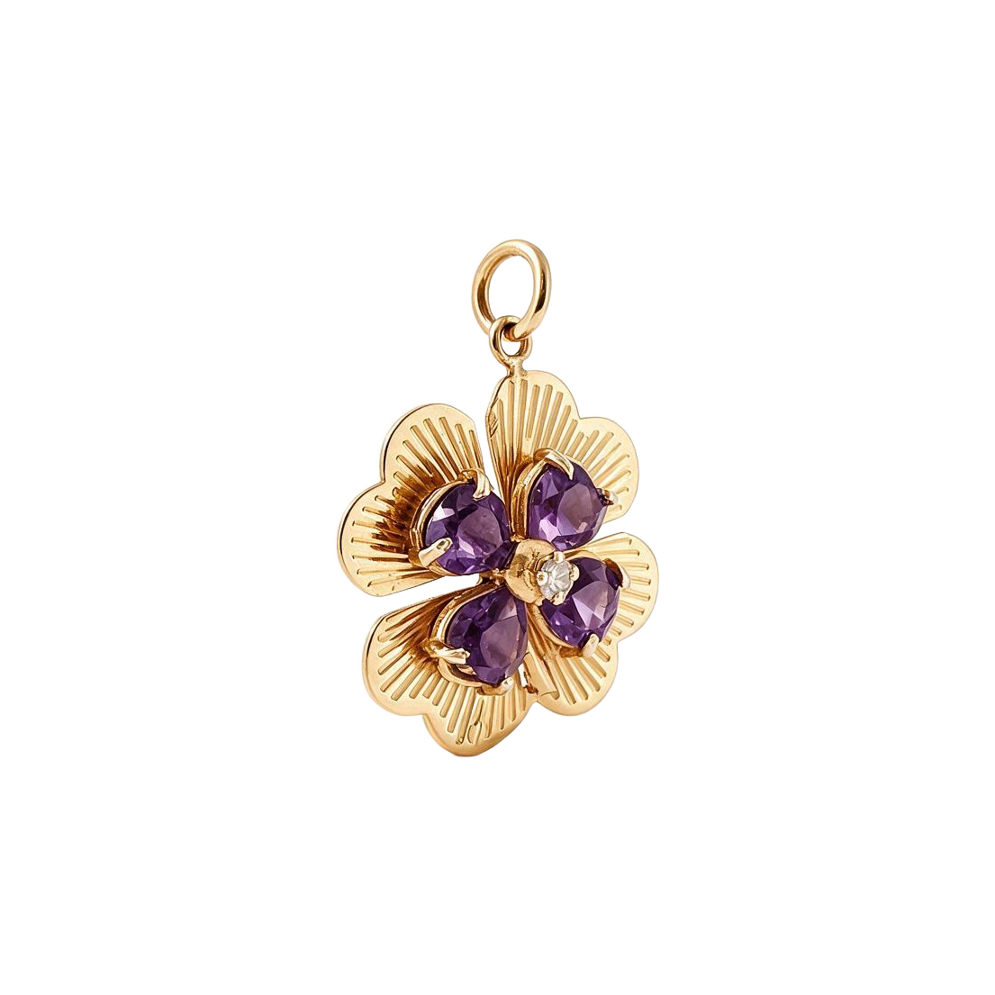 Angled view of 14k gold amethyst and diamond four leaf clover charm pendant