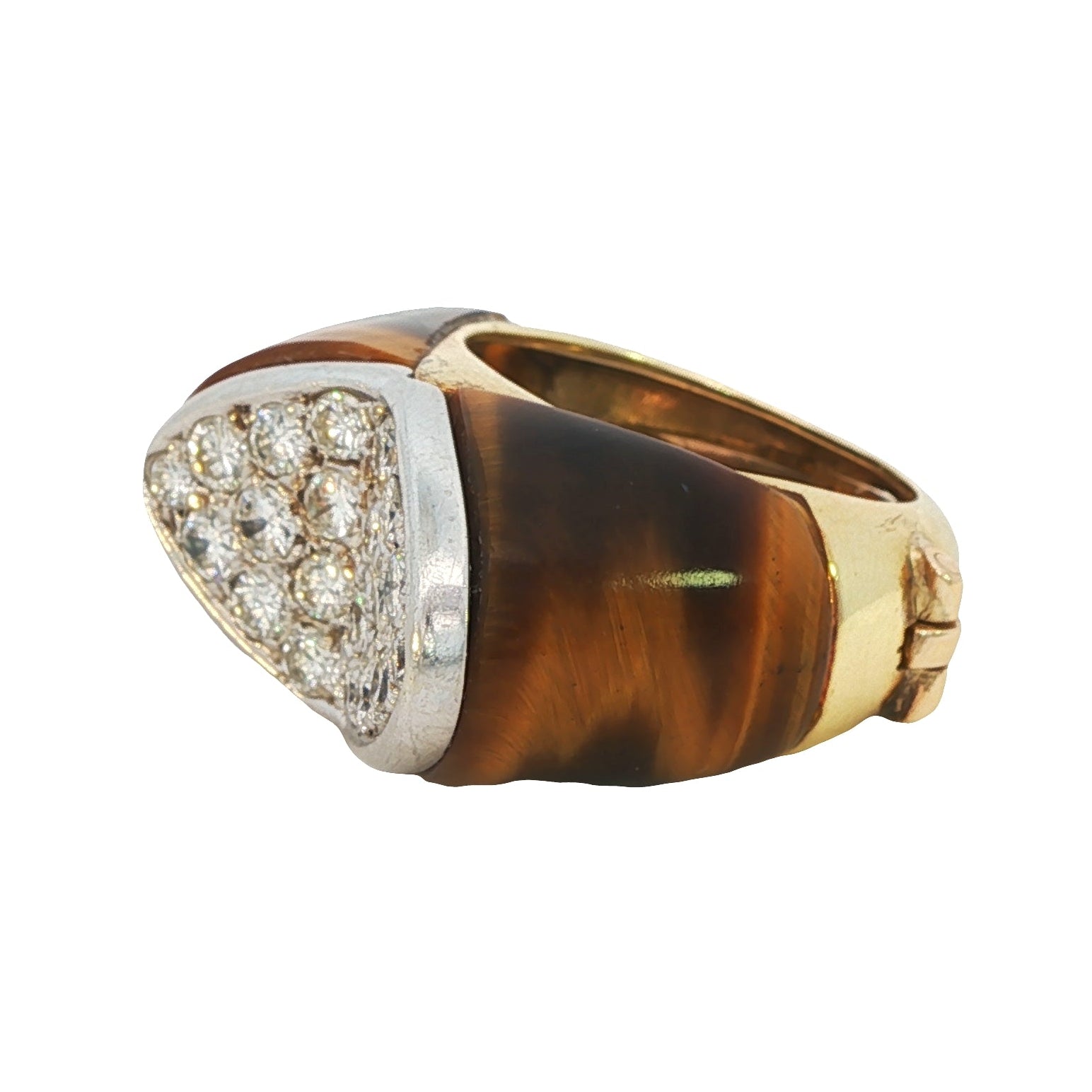 Vintage 18k Gold Tiger’s Eye Heart Ring with Pavé Diamonds