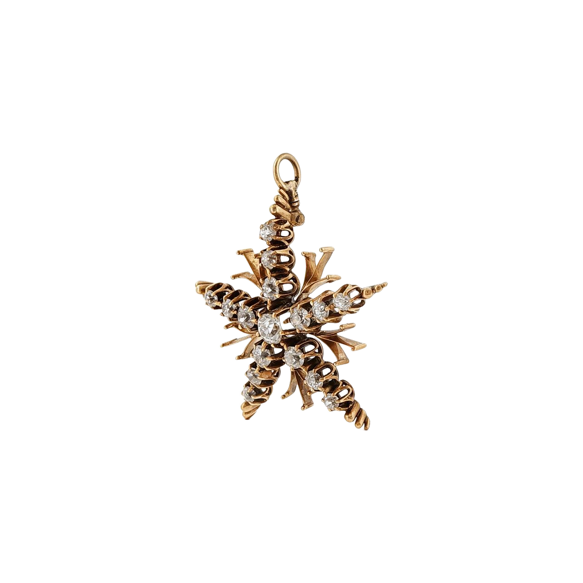 18k Yellow Gold Victorian Old Mines Cut Diamond Snowflake Charm