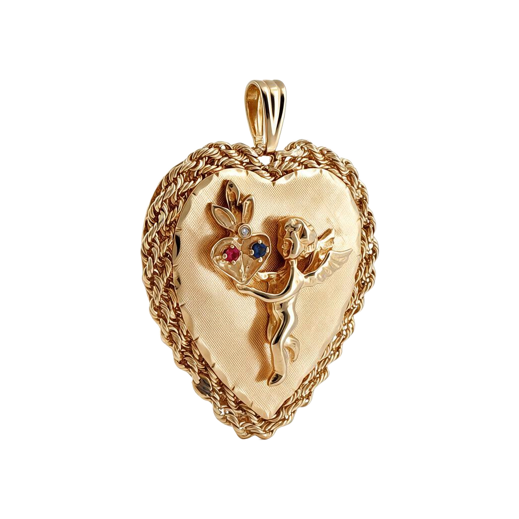 14 Karat Yellow Gold 1960s Vintage Cupid Heart Charm Pendant
