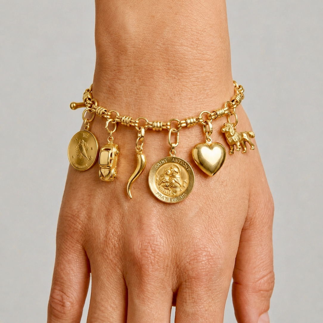 14k Yellow Gold Vintage Link Toggle Charm Bracelet