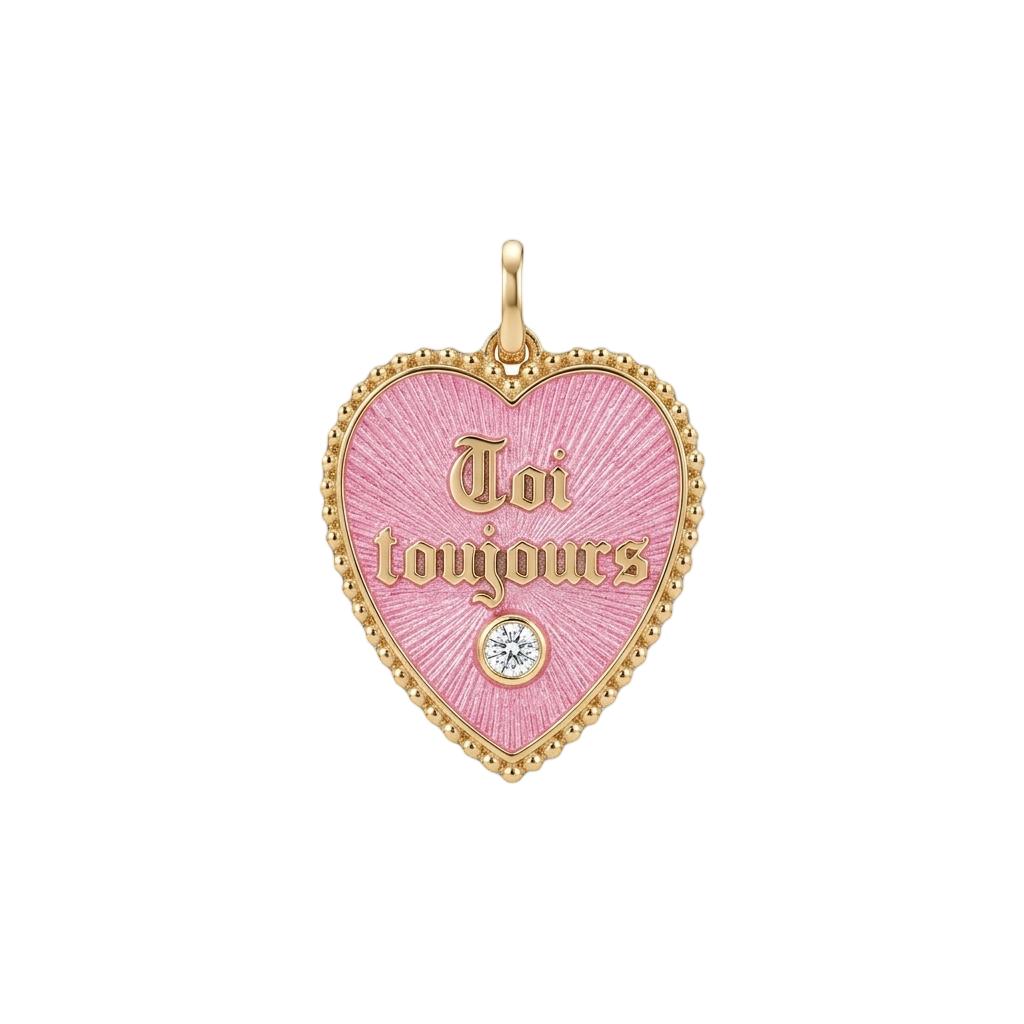 18k Yellow Gold Pink Enamel Diamond French Toi Tourjours Heart