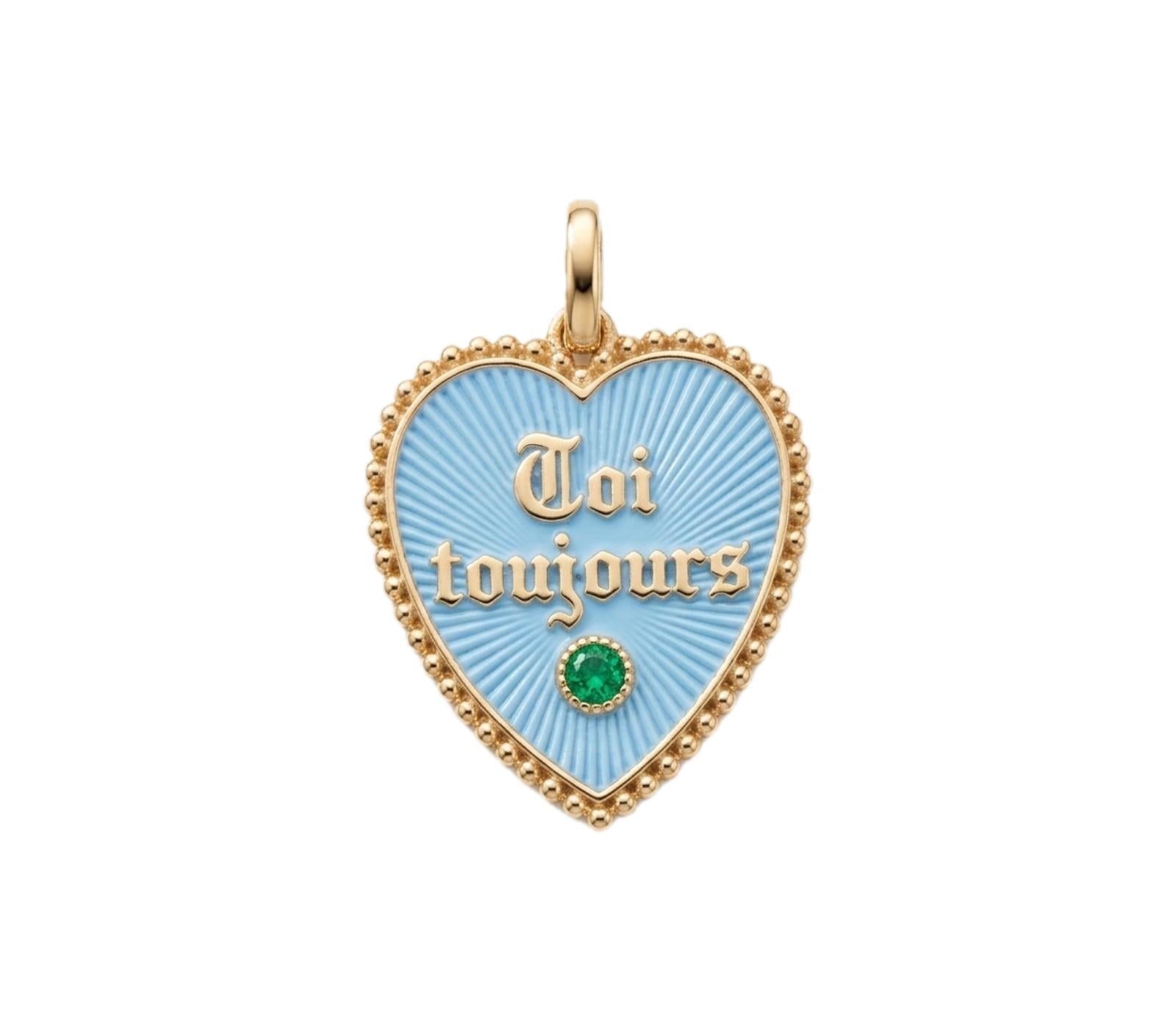 18k Yellow Gold Light Blue Enamel Emerald Vintage Toi Toujours French Heart Charm