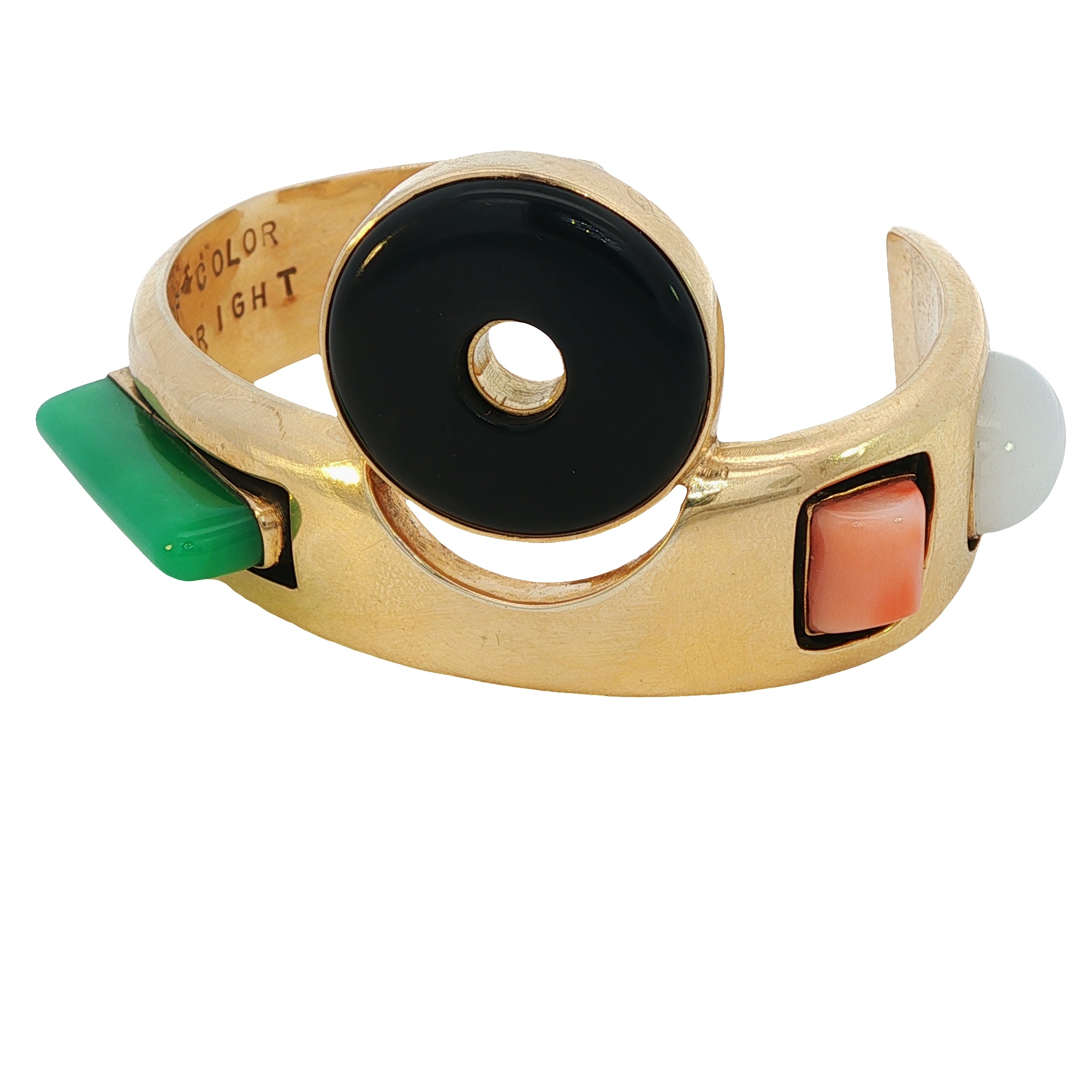 18k Gold Vintage Multicolor Geometric Black Onyx Coral Bangle