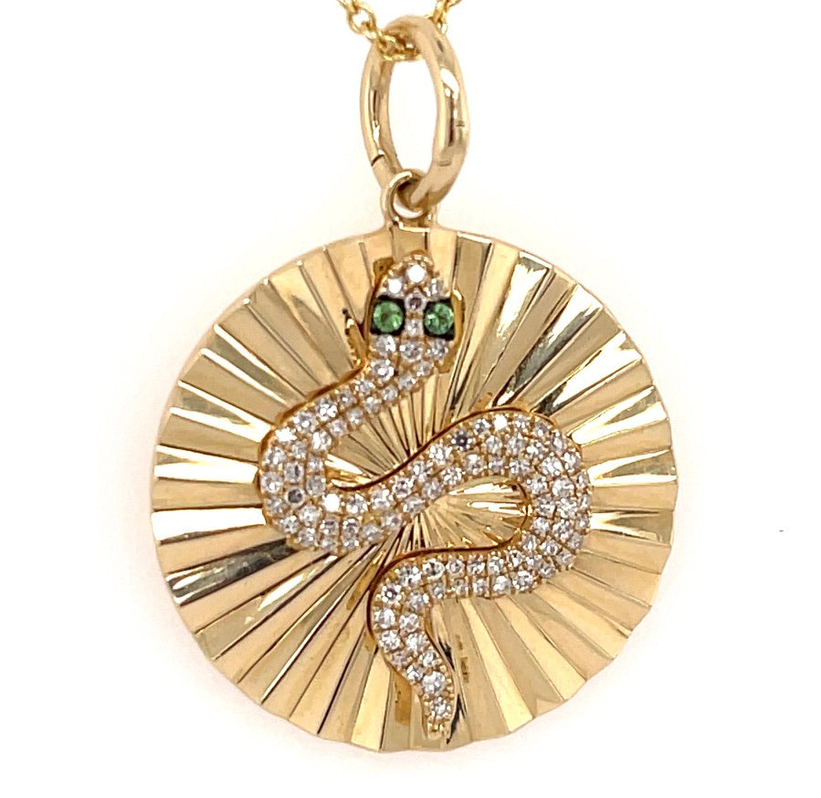Snake Circle Diamond and Emerald 14k Gold Charm