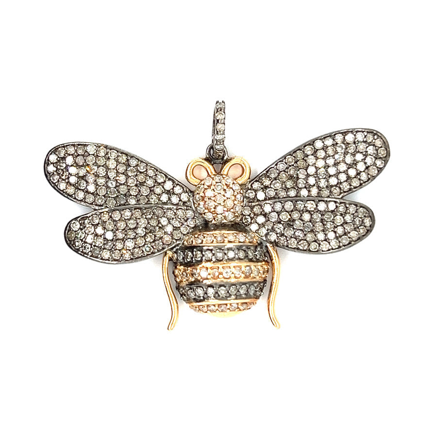 14k Yellow Gold Silver Diamond Jumbo Bee Charm