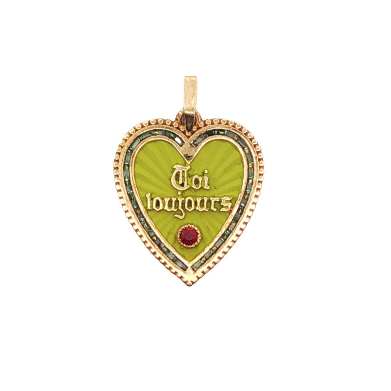 1970s 18k yellow gold vintage French heart charm with green enamel and emeralds – front view