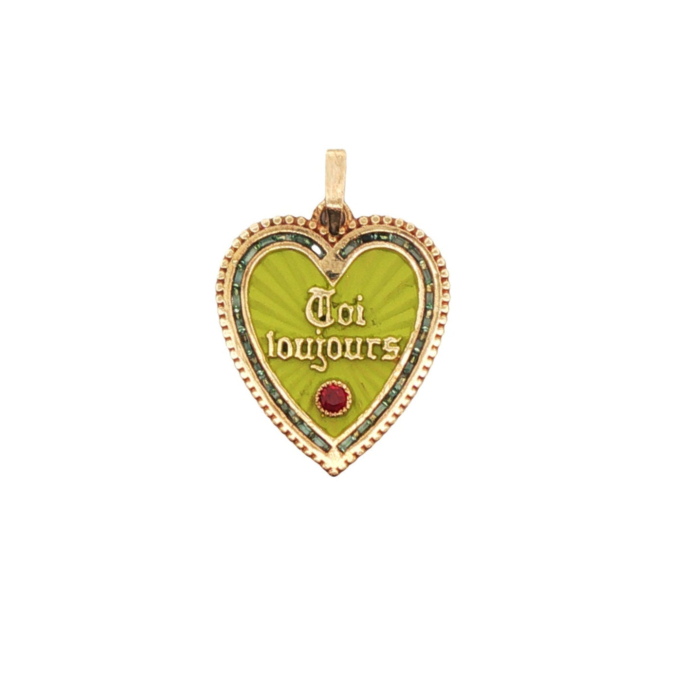 1970s 18k yellow gold vintage French heart charm with green enamel and emeralds – front view