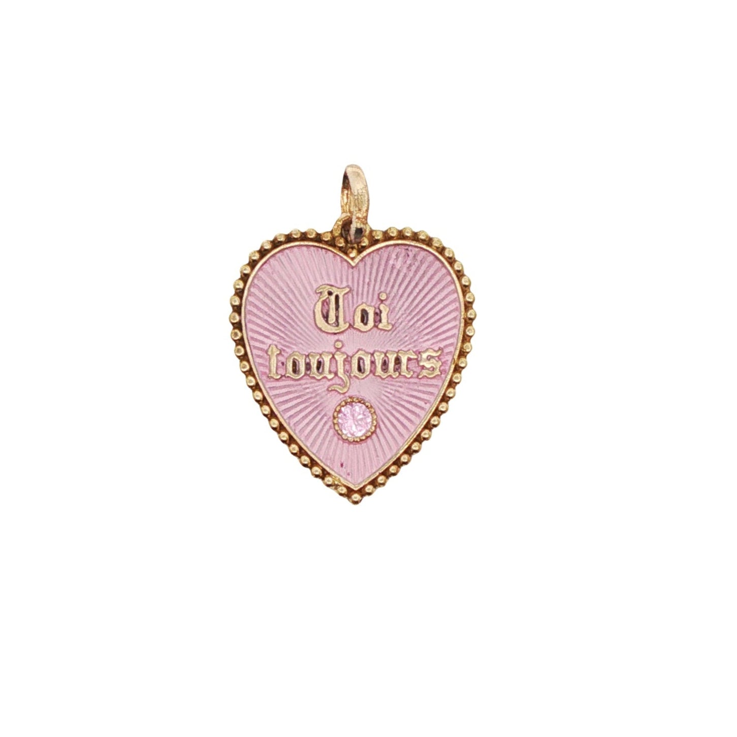 1970s 18k yellow gold vintage French heart charm with pink enamel and pink sapphire – front view