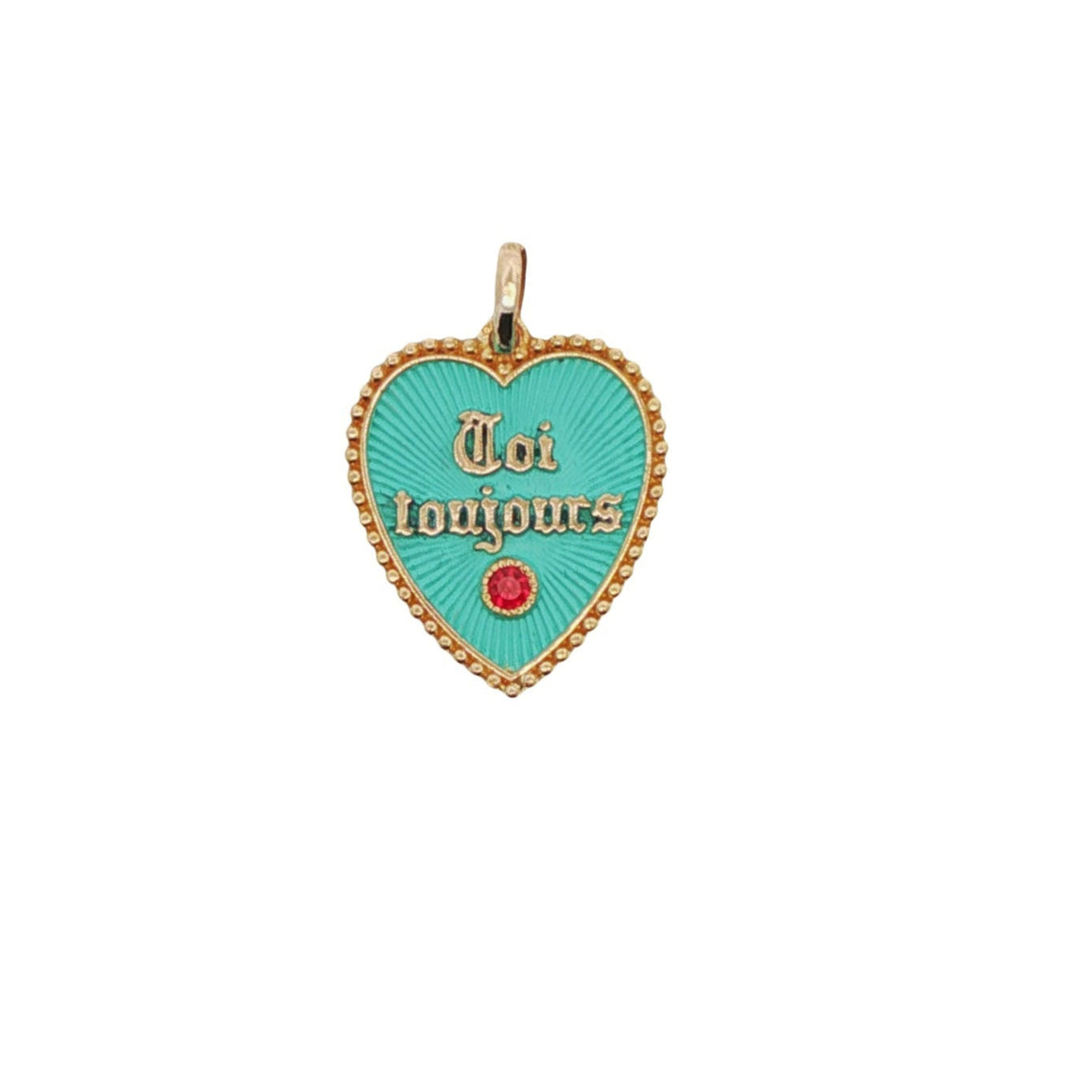 1970s 18k yellow gold vintage French heart charm with turquoise enamel and pink sapphire – front view