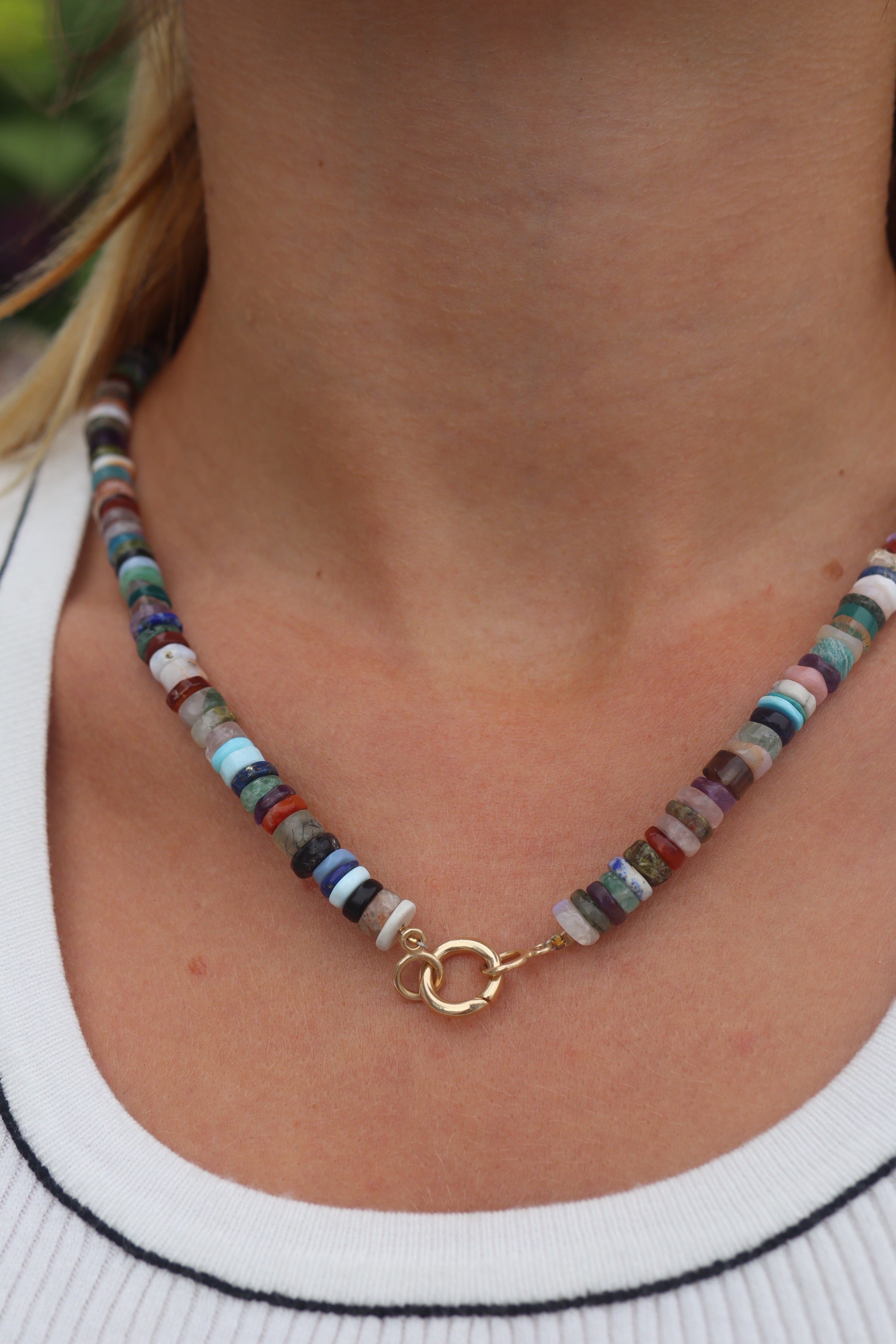 14k Gold Multi-Color Gemstone Heishi Cut Beaded Necklace with Push in Circle