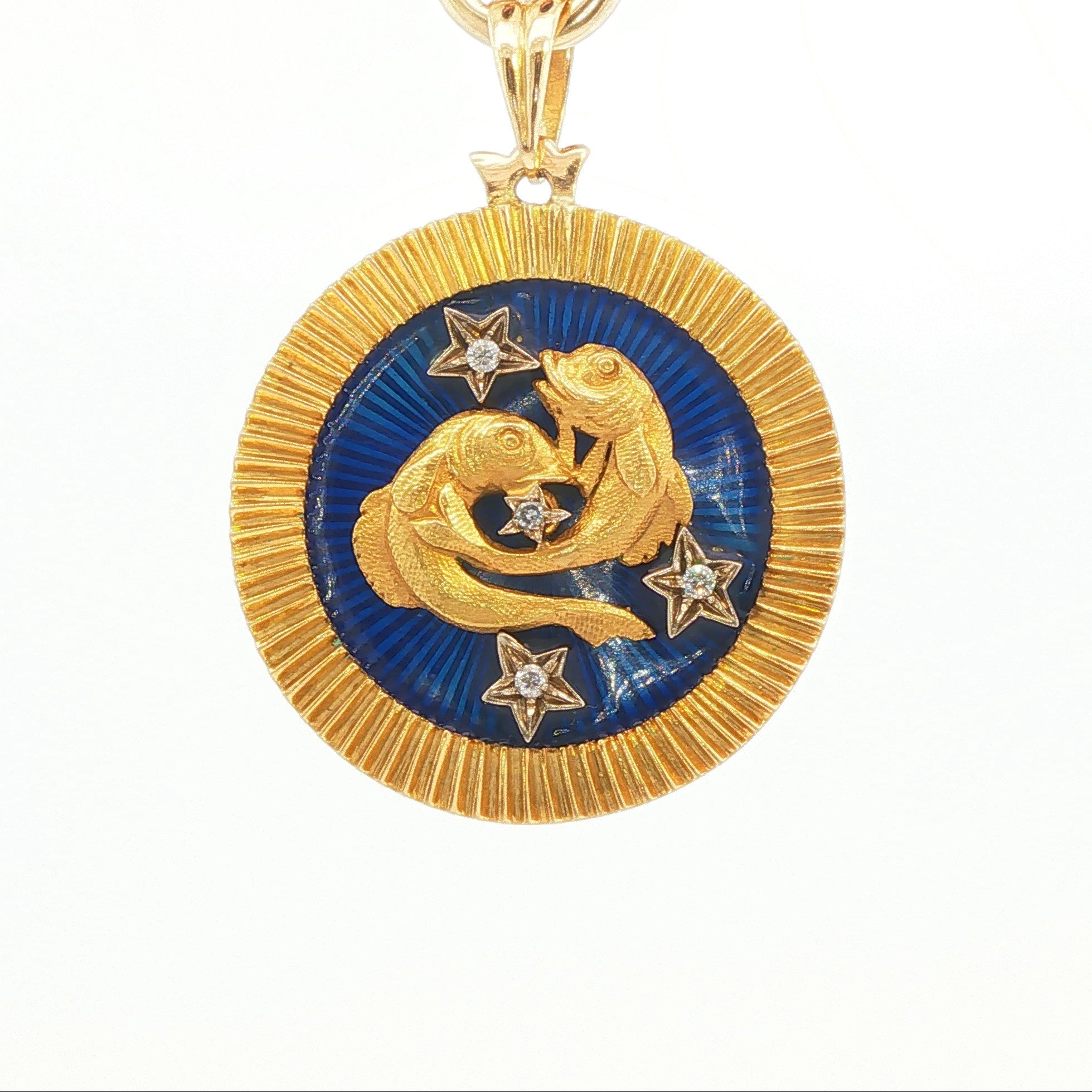 18k Yellow Gold Blue Enamel Pisces Zodiac Pendant With Diamond Accents