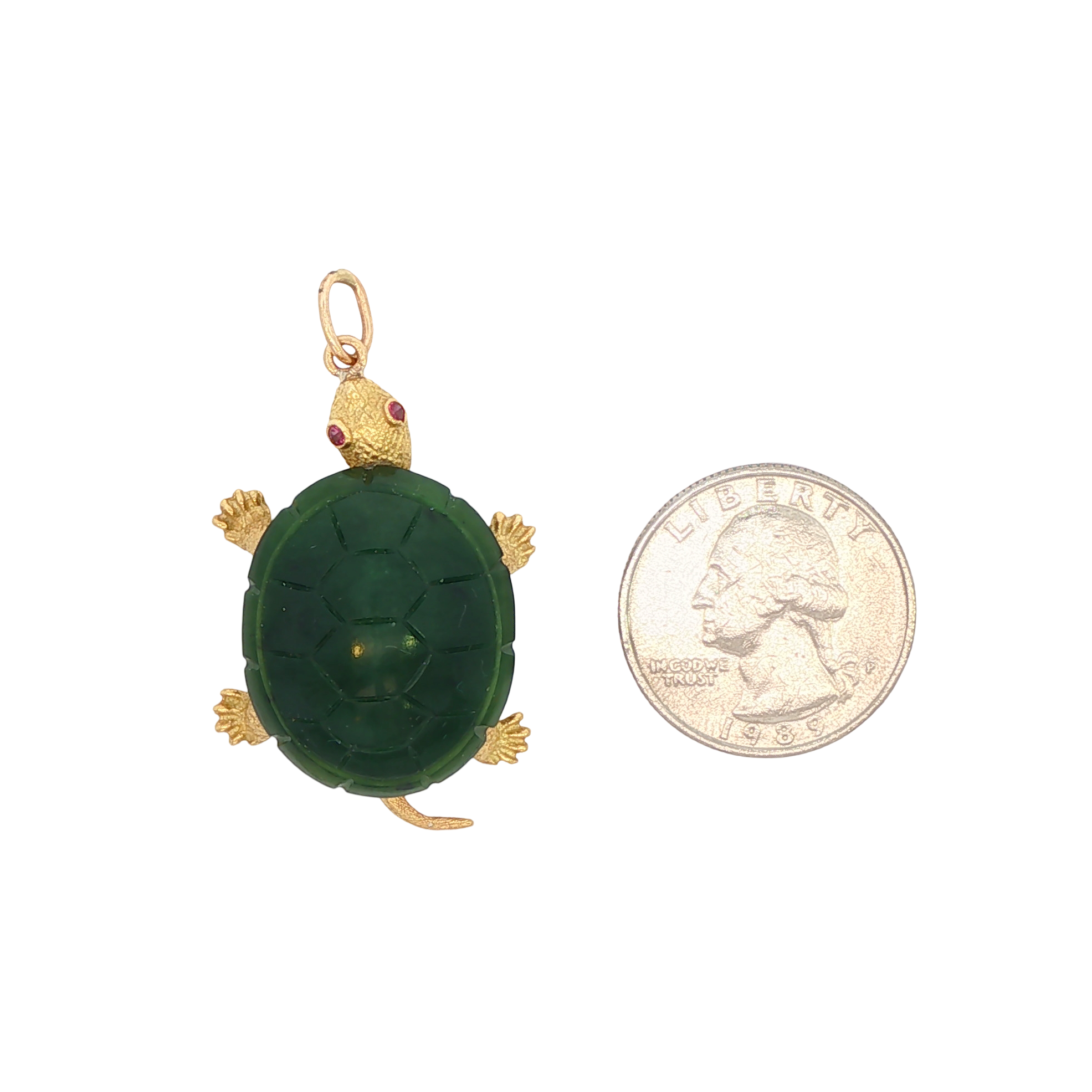 Vintage Rubinäugige Jade Schildkröte 14k Gold Charm