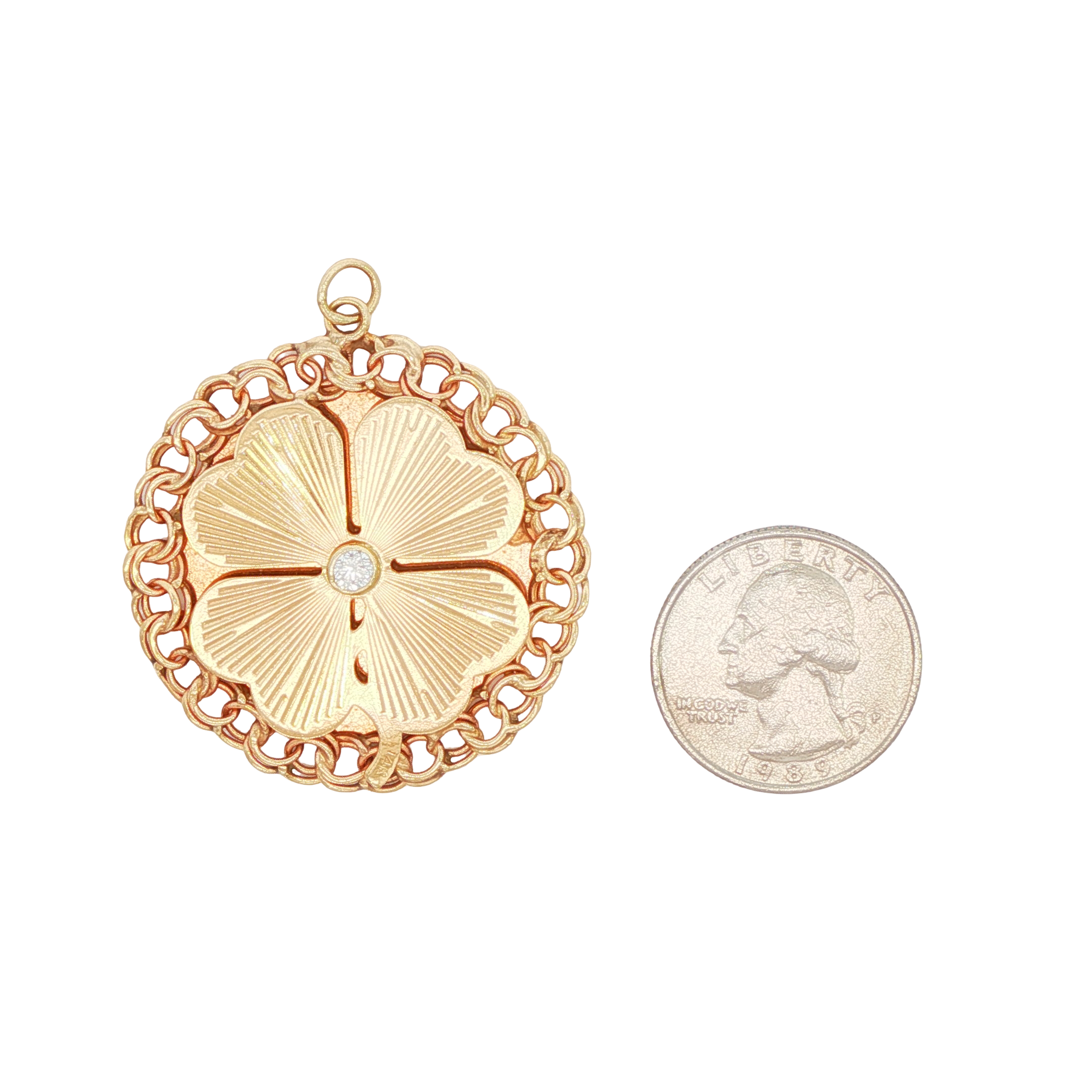 14k Yellow Gold Vintage Engine Turned Diamond Clover Charm