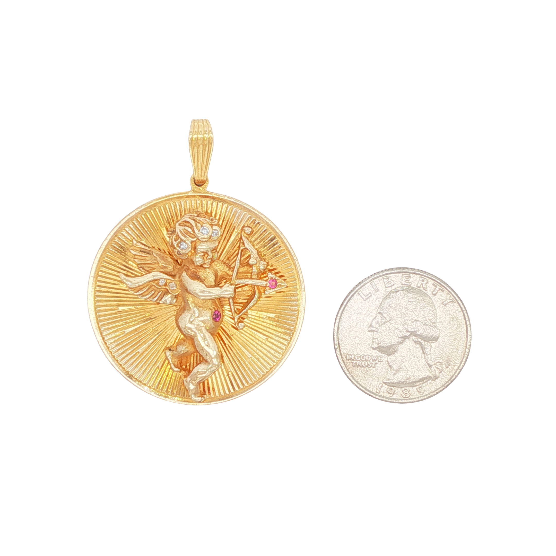 Colgante de oro amarillo de 14 k con forma de querubín, diamante y zafiro rosa, estilo vintage, con motor torneado 