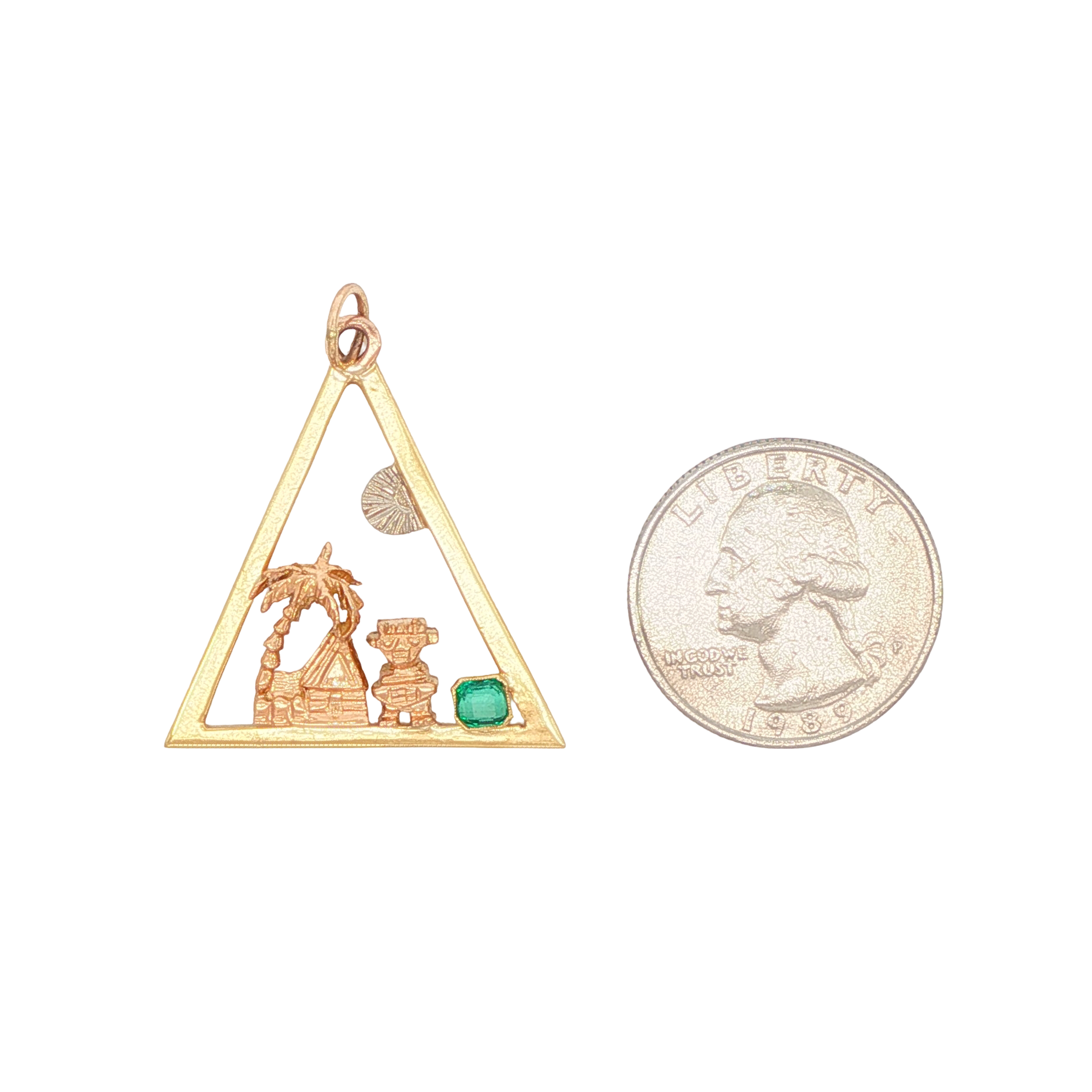 14k Yellow Gold Emerald 1970s Palm Tree Travel Motif Triangle Charm