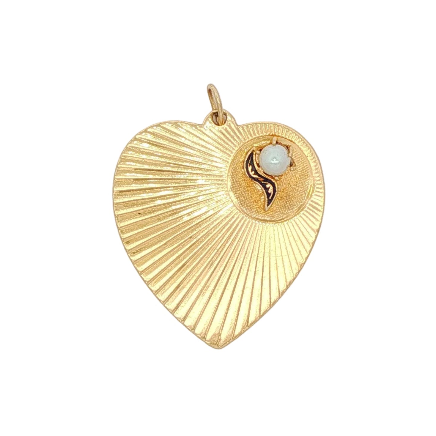 Vintage 14k yellow gold heart charm pendant with engine-turned sunburst engraving, raised pearl accent, and black enamel detail