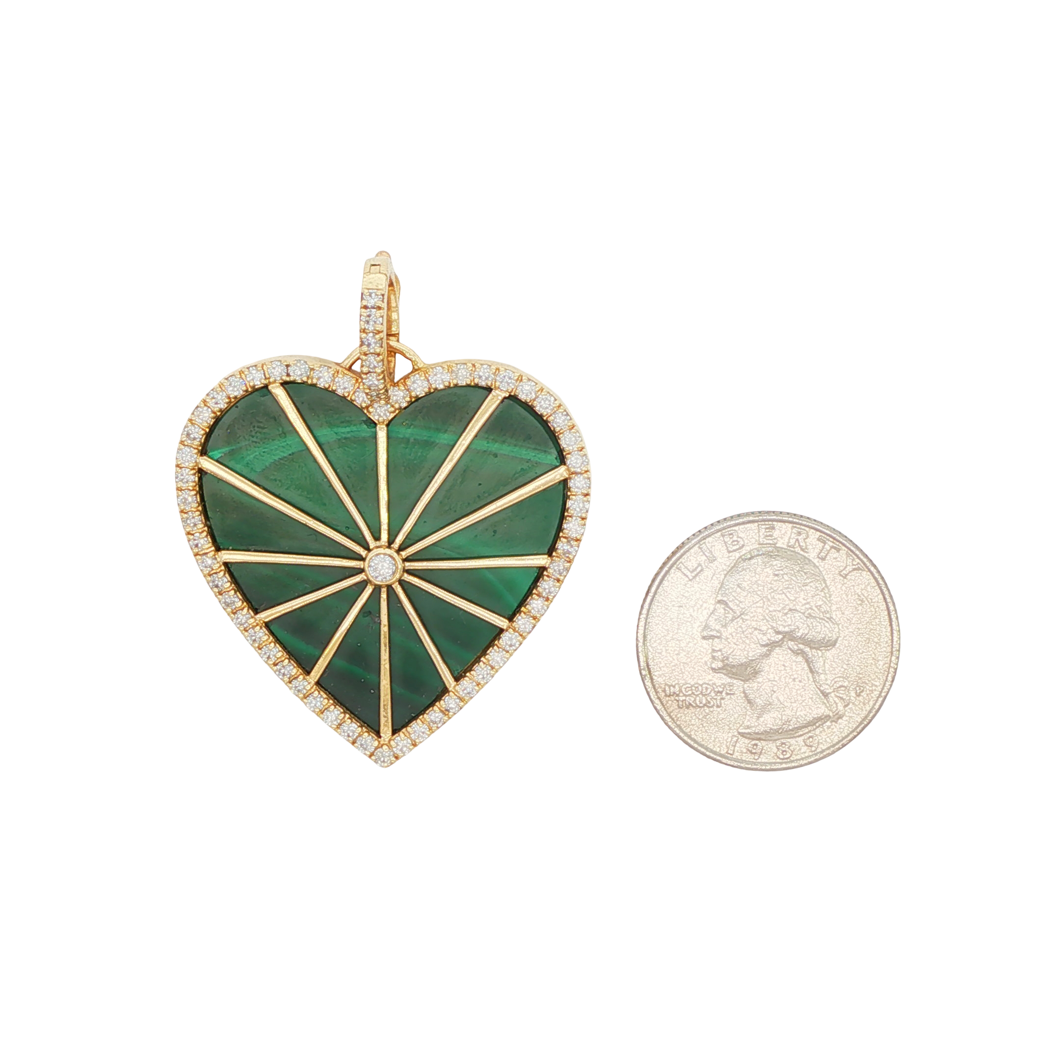 14k Yellow Gold Diamond Malachite Jumbo Heart Charm with Openable Clasp