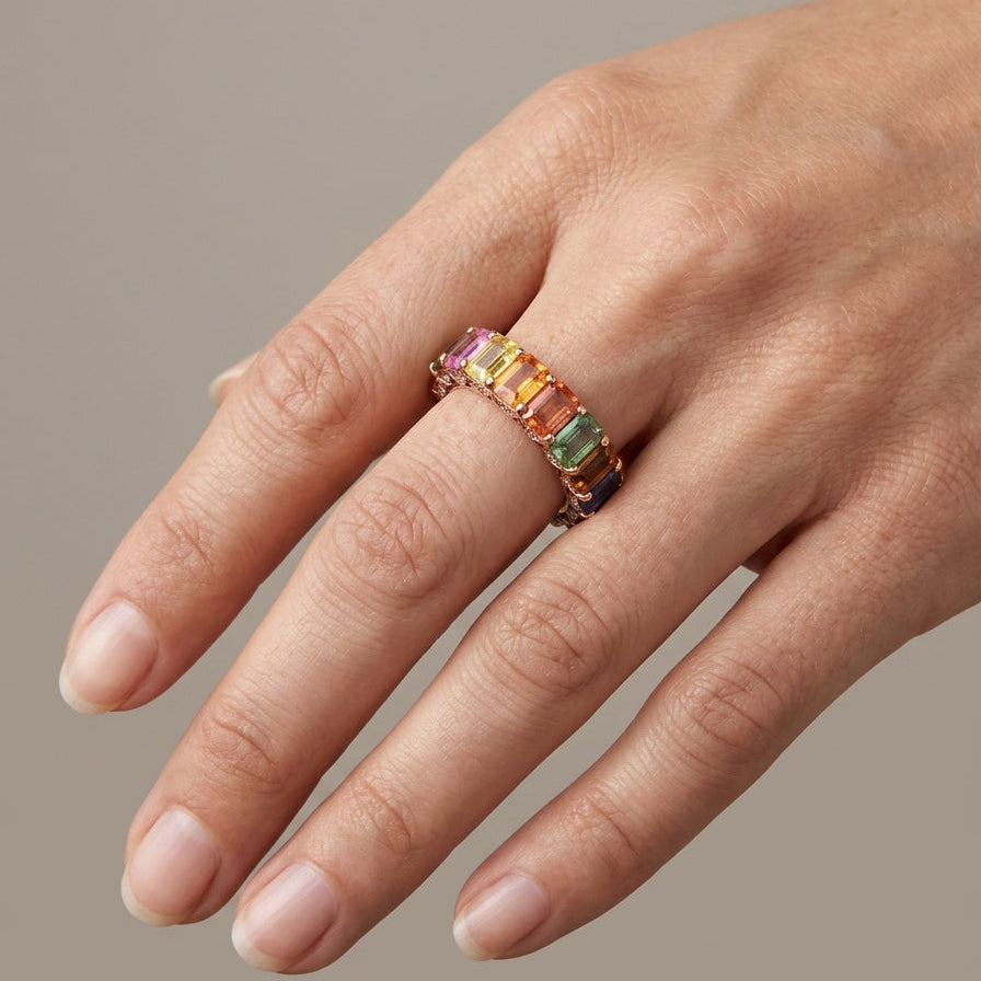 14K Rose Gold Band Multicolor Emerald Cut Sapphire Eternity Band Statement Ring with Diamond Accents