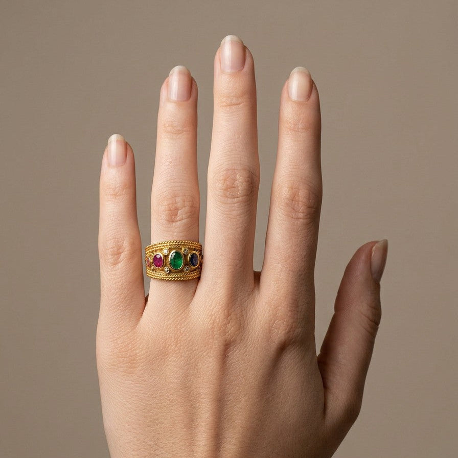 18k Yellow Gold Vintage Sapphire, Ruby, and Emerald Band Ring with Diamond Accents