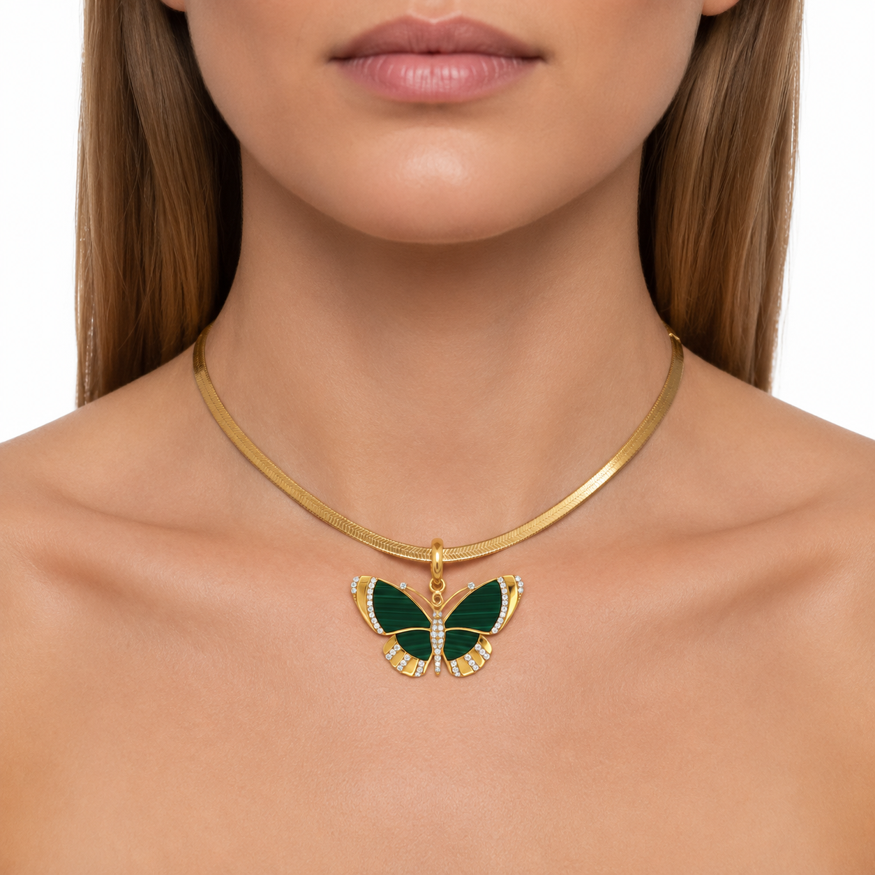 14k Yellow Gold Malachite Diamond Openable Clasp Butterfly Charm