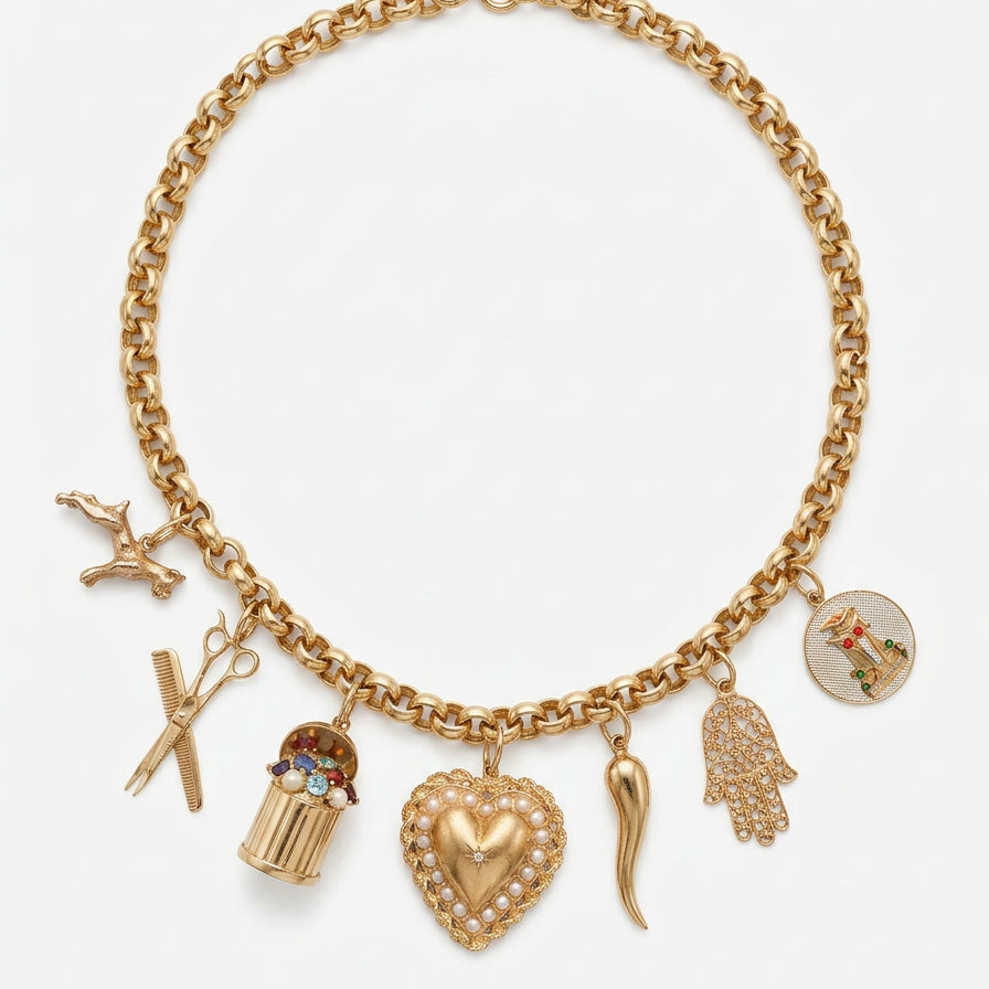 14 karat yellow gold 1970s heart locket with pearl border hanging from a gold charm necklace, full necklace view