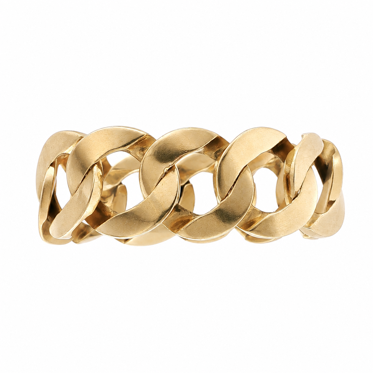 1970s 14 karat yellow gold flat curb link bracelet, satin finish, full view laid flat