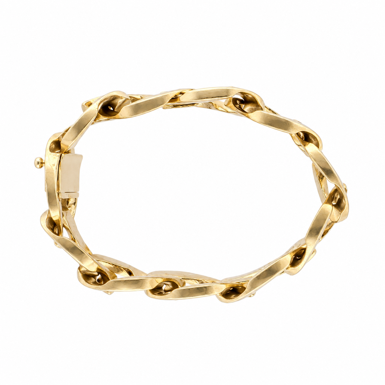 Side profile of vintage 14 karat gold curb bracelet showing link edges and box clasp