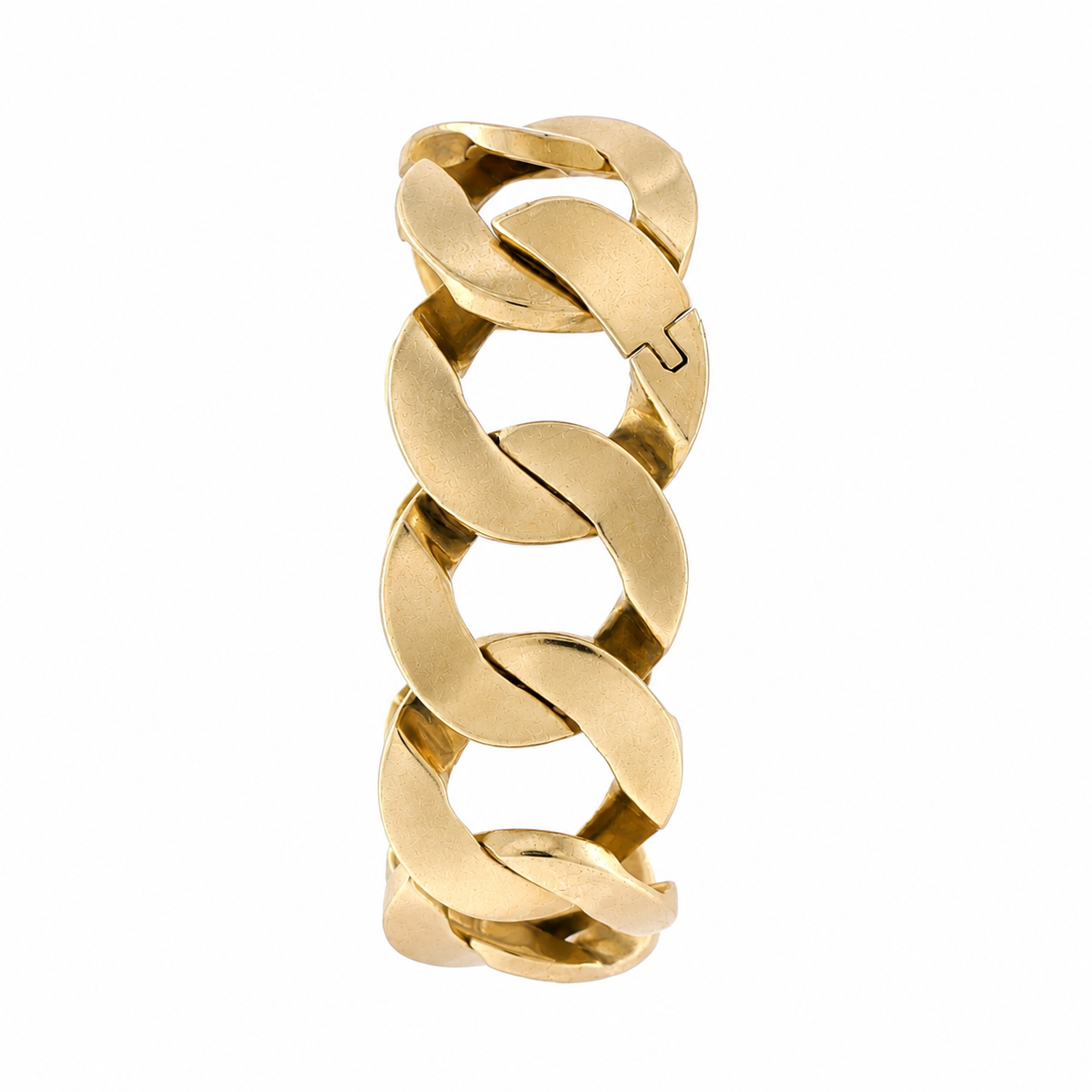 Detail of interlocking flat curb links and hinged clasp link on 1970s gold bracelet