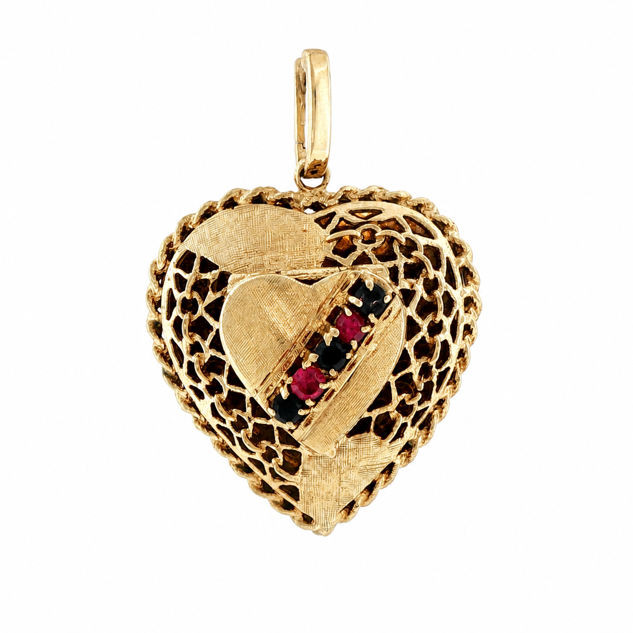 14K Yellow Gold Vintage Sapphire Ruby 1960s Heart Locket with Push-in Clasp