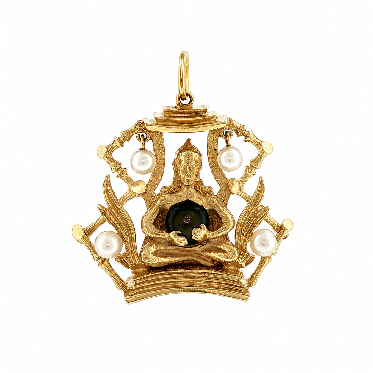 1960s 14 karat yellow gold Buddha meditation charm with pearls and dark orb, front view