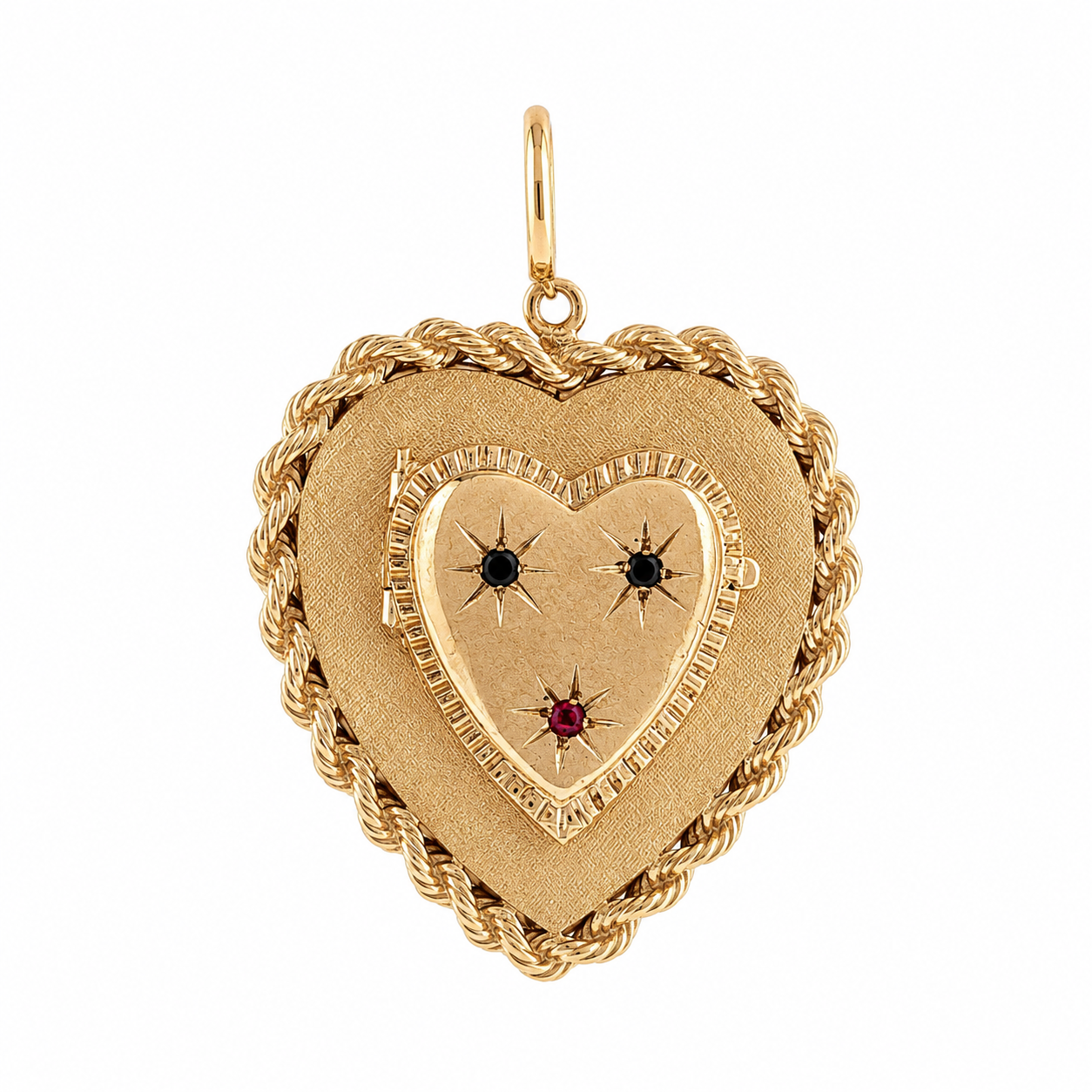 Front view of vintage 14K yellow gold heart locket with rope border, textured finish, sapphire accents, and ruby accent