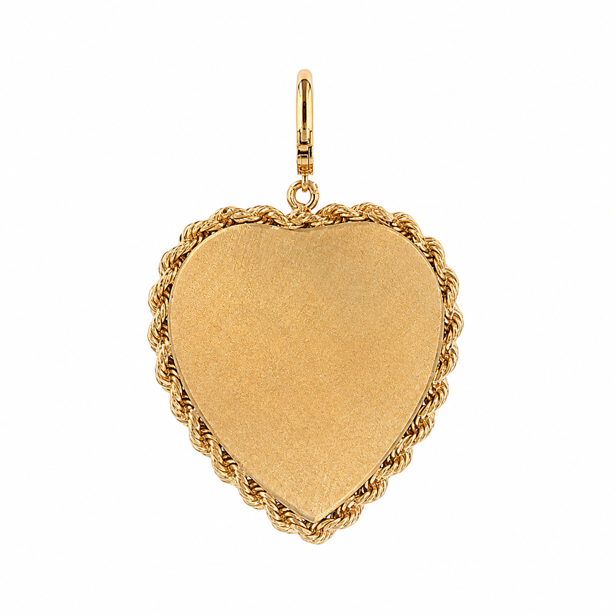 Back view of vintage 14K yellow gold heart locket with textured heart surface and rope-twist border