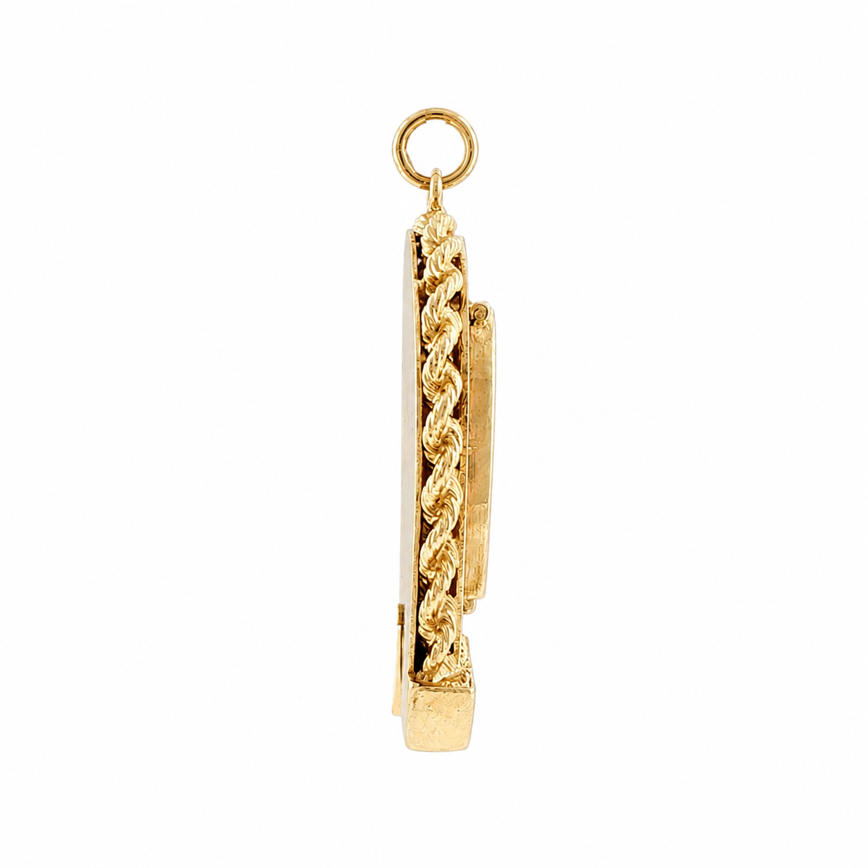 Profile of vintage gem-set horseshoe locket charm showing rope-twist border depth