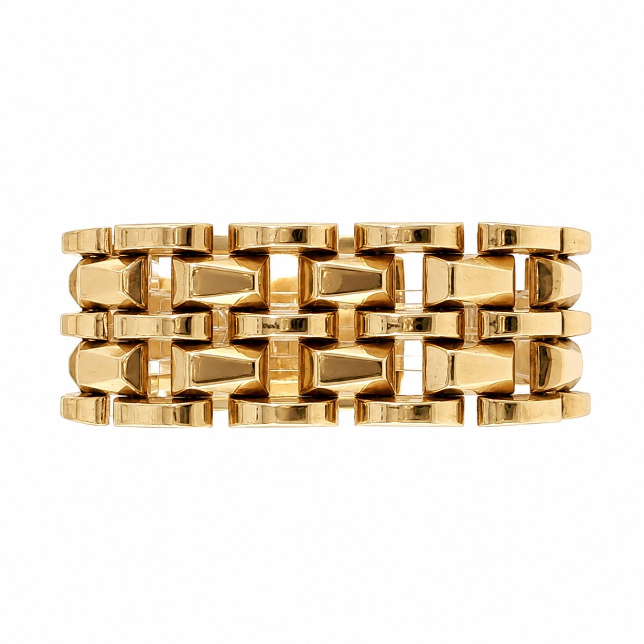 Wide 14K yellow gold geometric link bracelet with polished raised brick-style links