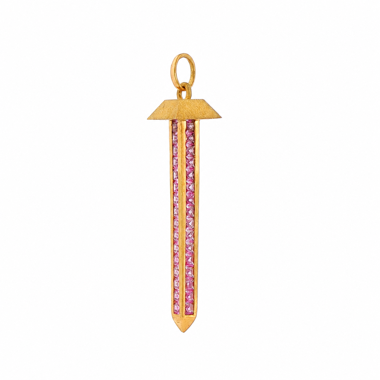 18k Yellow Gold Vintage Four Sided Pink Sapphire Horseshoe Nail Charm Pendant