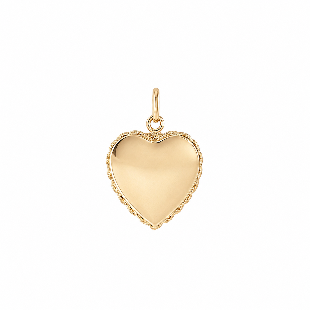 Polished engravable back of mid-century 14 karat gold heart locket with rope border