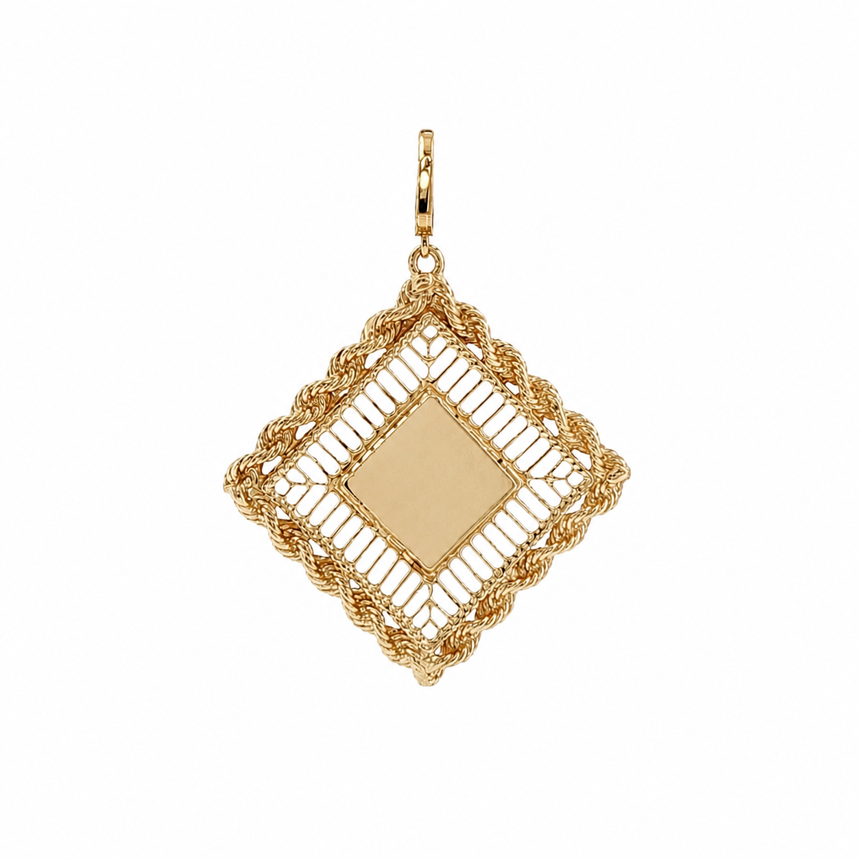 14K Yellow Gold Vintage Diamond-Shaped Locket Rope Border Push-in Clasp