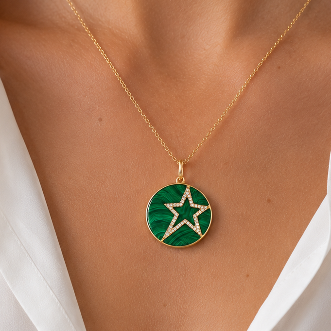 14k Yellow Gold Diamond Green Malachite Star Charm