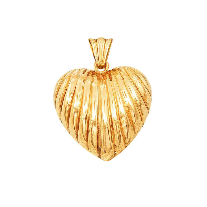 Vintage 14 Karat yellow gold puffy ribbed heart pendant charm, front product view