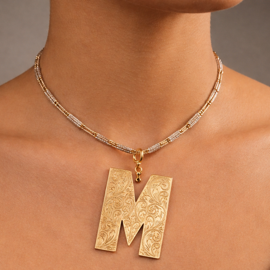 14k Yellow Gold Large Vintage Letter M Pendant with Intricate Design