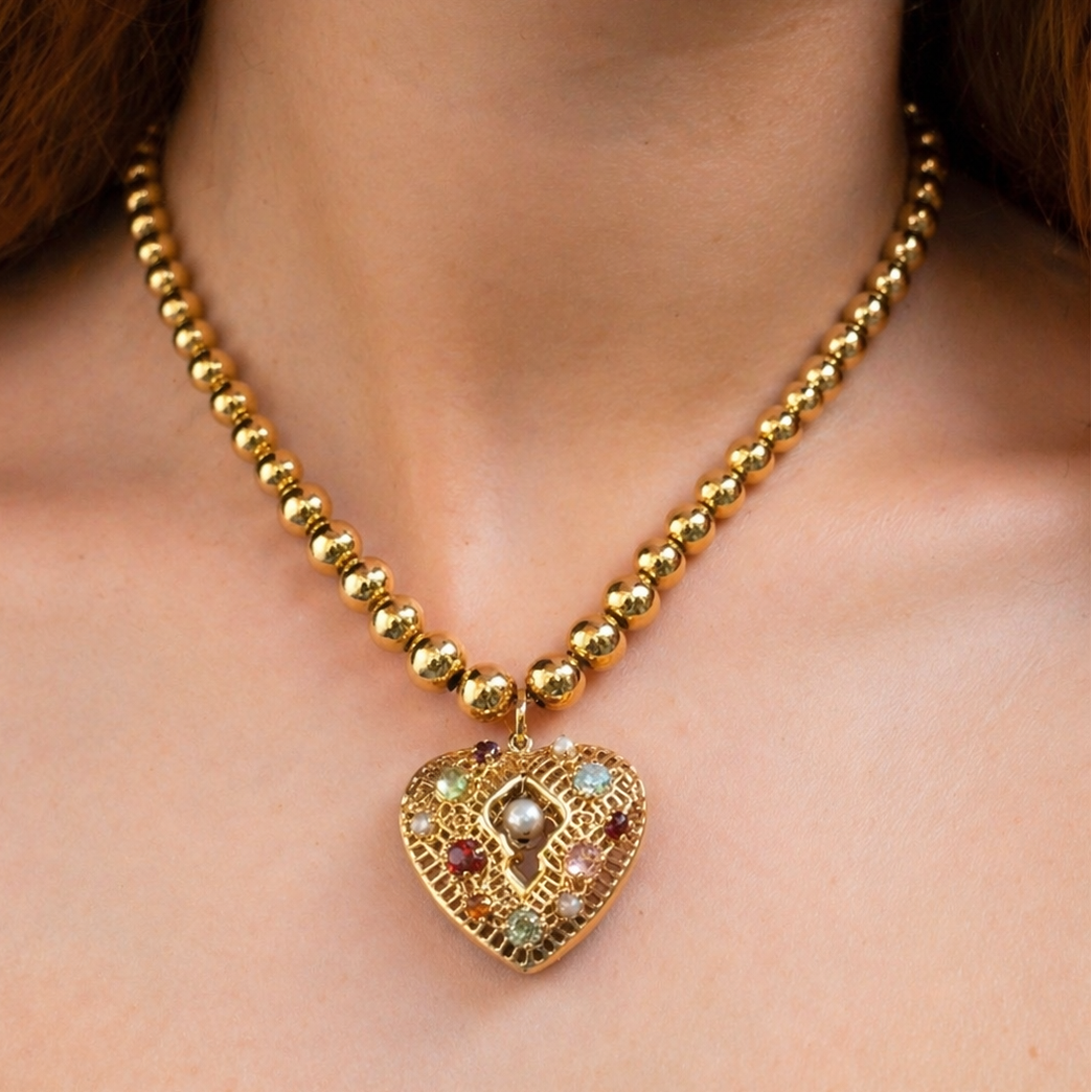 14k Yellow Gold Vintage Pearl Multigem 3-D Heart Pendant