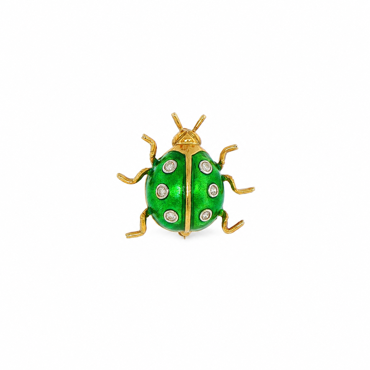 18k Yellow Gold Guilloché Enamel Diamond Ladybug Brooch