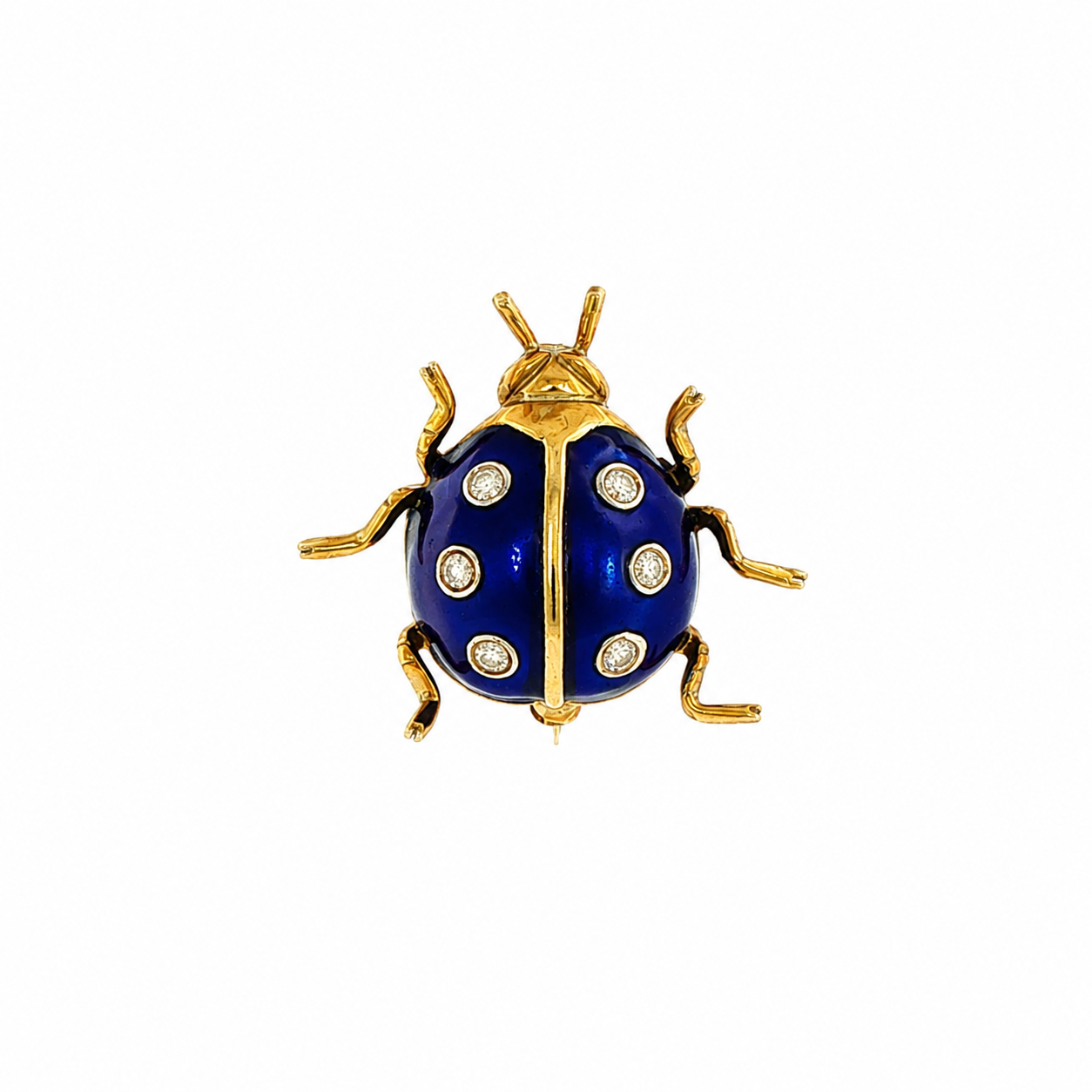 18k Yellow Gold Guilloché Enamel Diamond Ladybug Brooch
