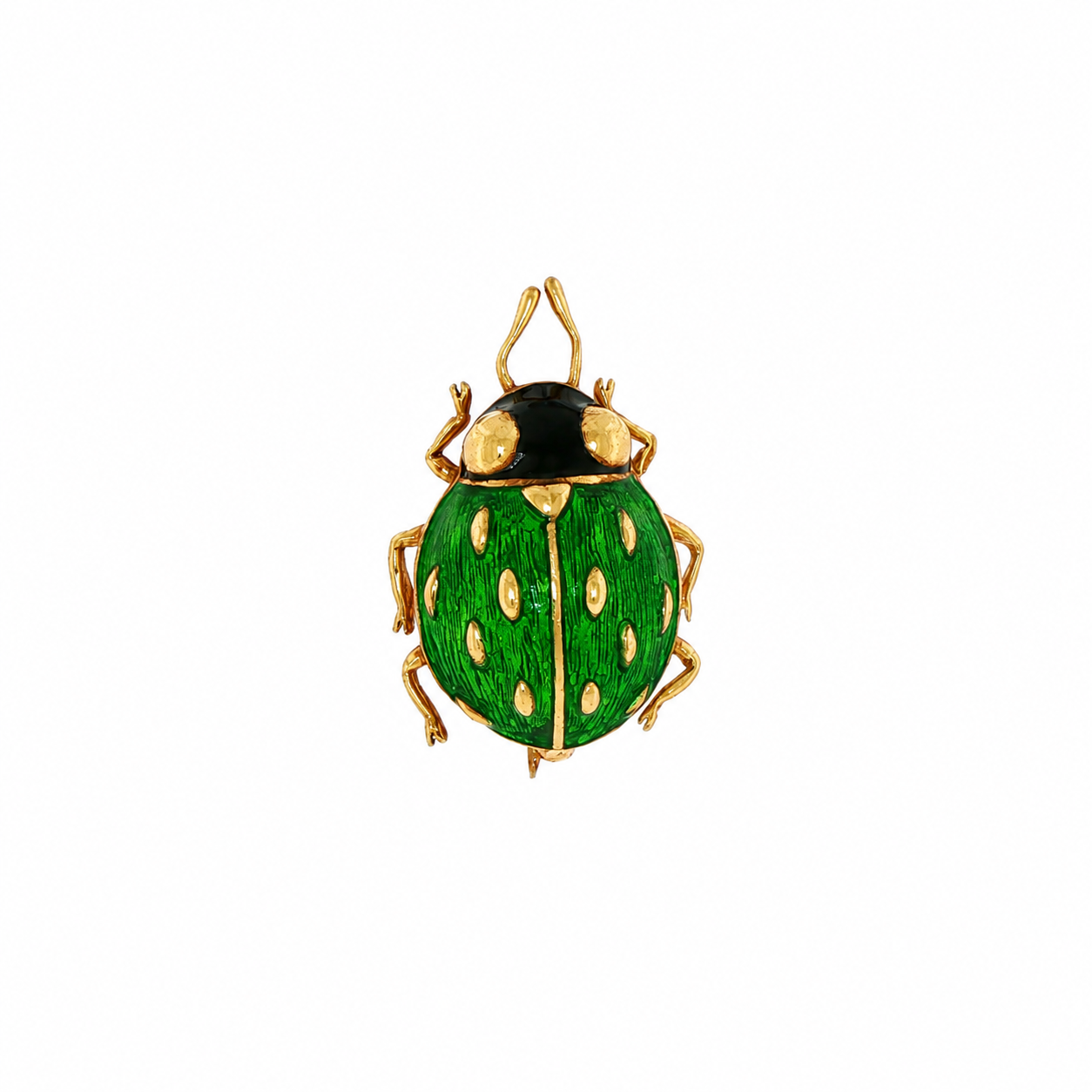 18k Yellow Gold Green and Black Enamel Ladybug Brooch