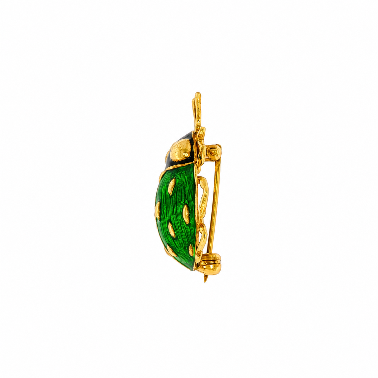 18k Yellow Gold Green and Black Enamel Ladybug Brooch