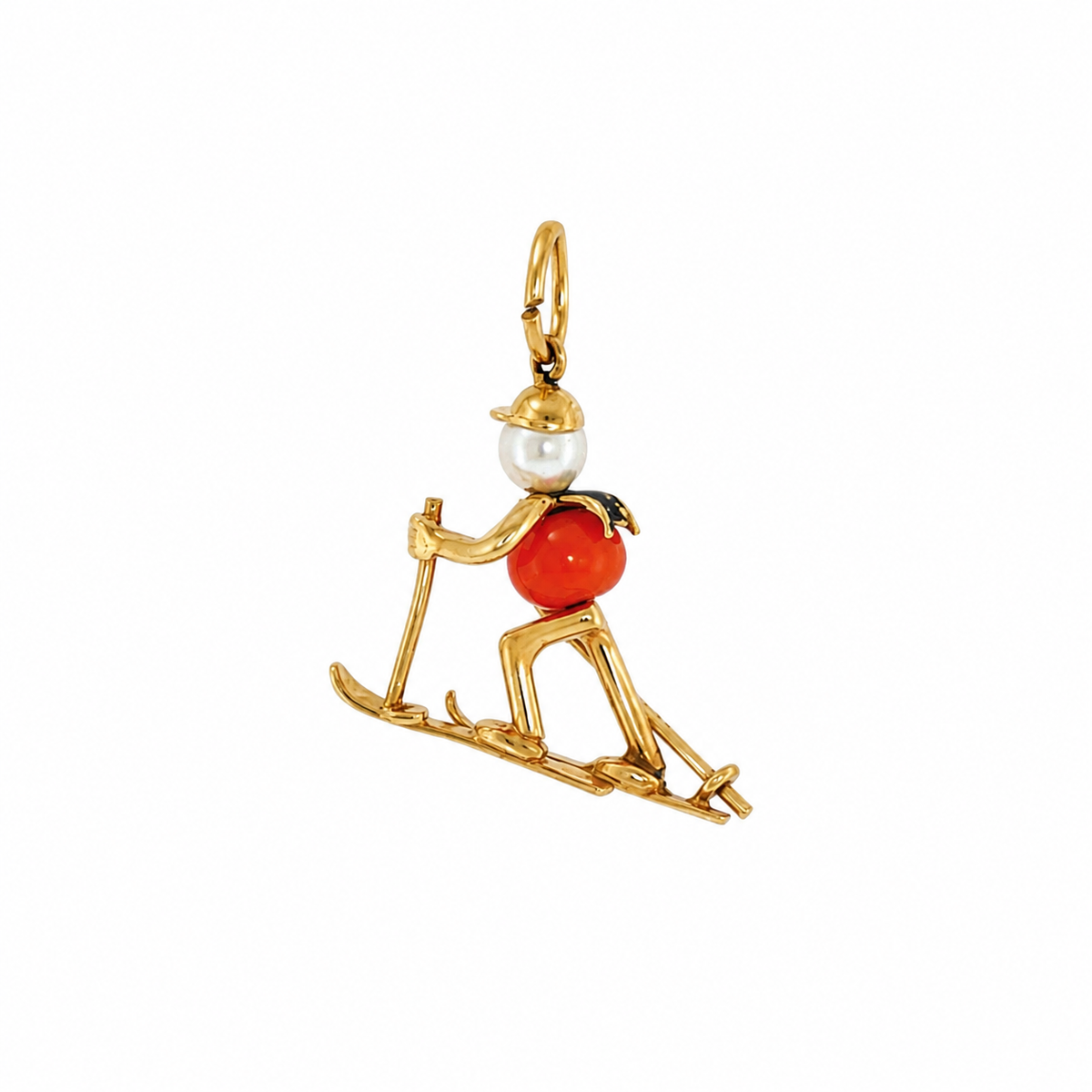 18k Yellow Gold Coral and Pearl Skier Charm